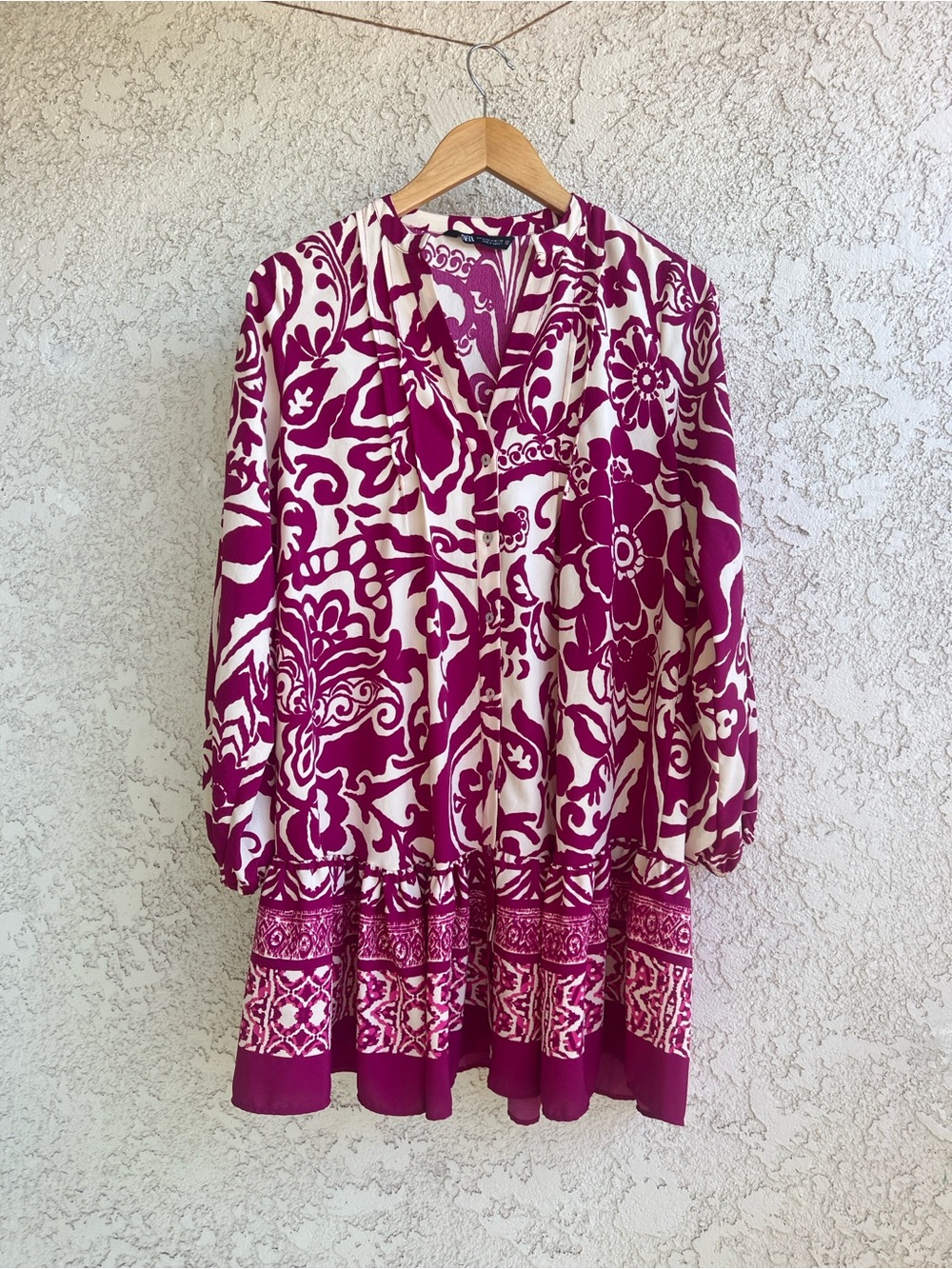 Zara Fuchsia and Cream Floral V-Neck Loose Dress Tunic